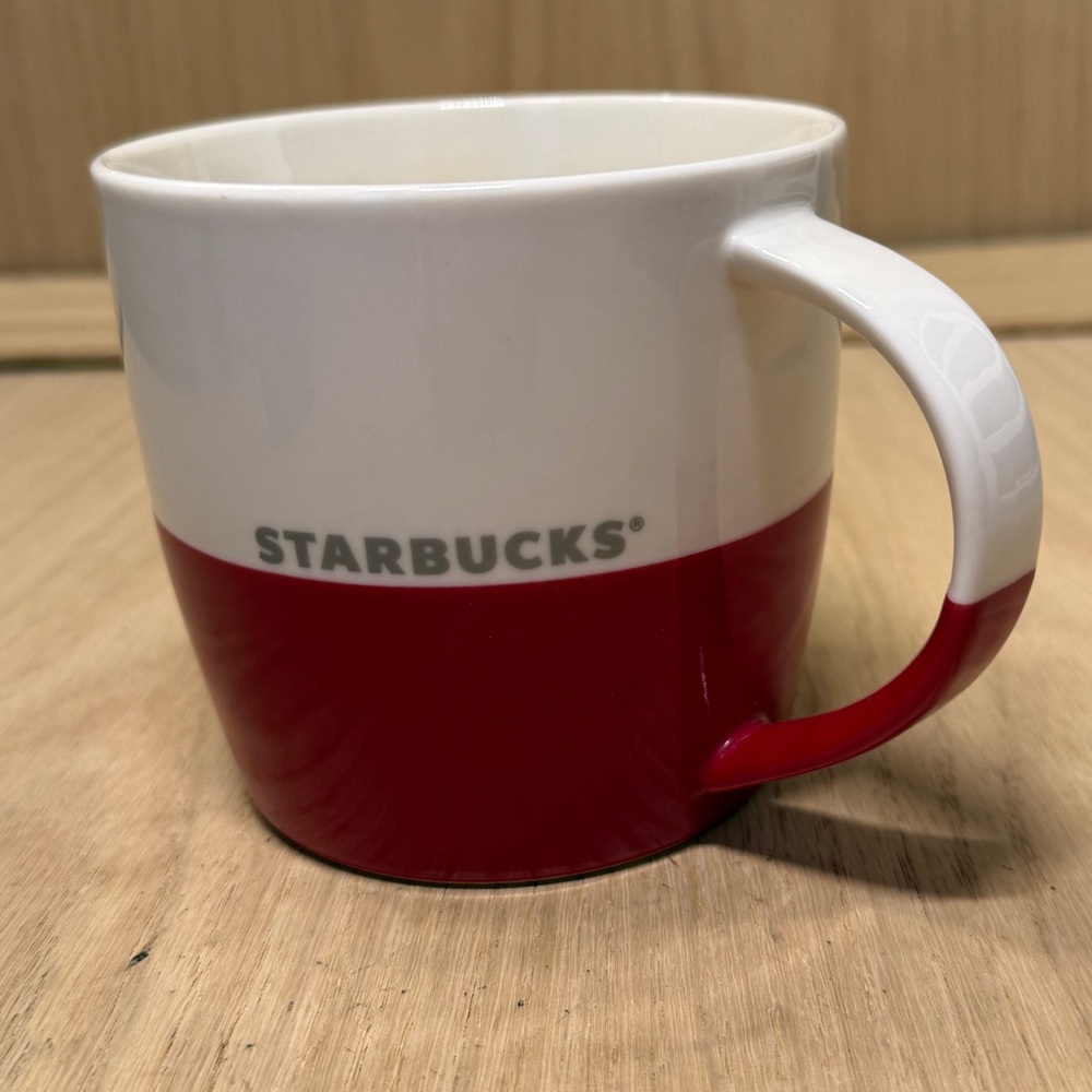 2011 Starbucks Coffee Mug Cup Red & White Silver Logo Bone China 16 oz